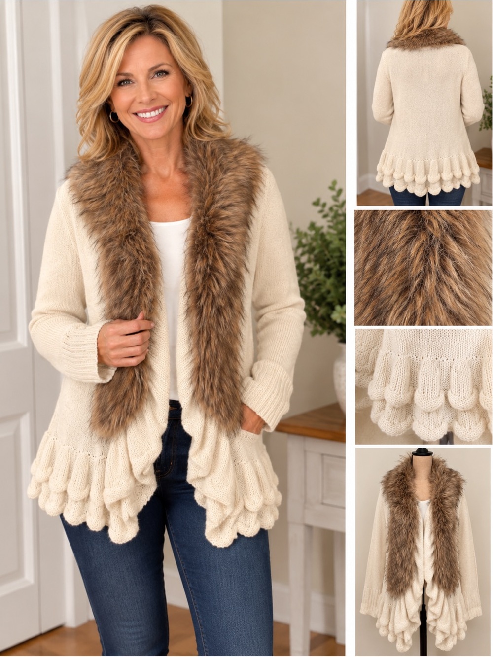 Venus woman’s sweater faux fur trim ruched size medium